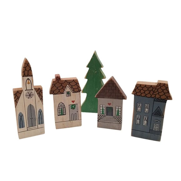 Other - Hand-Painted Wooden Christmas Village Set With Houses & Tree - Rustic Holiday